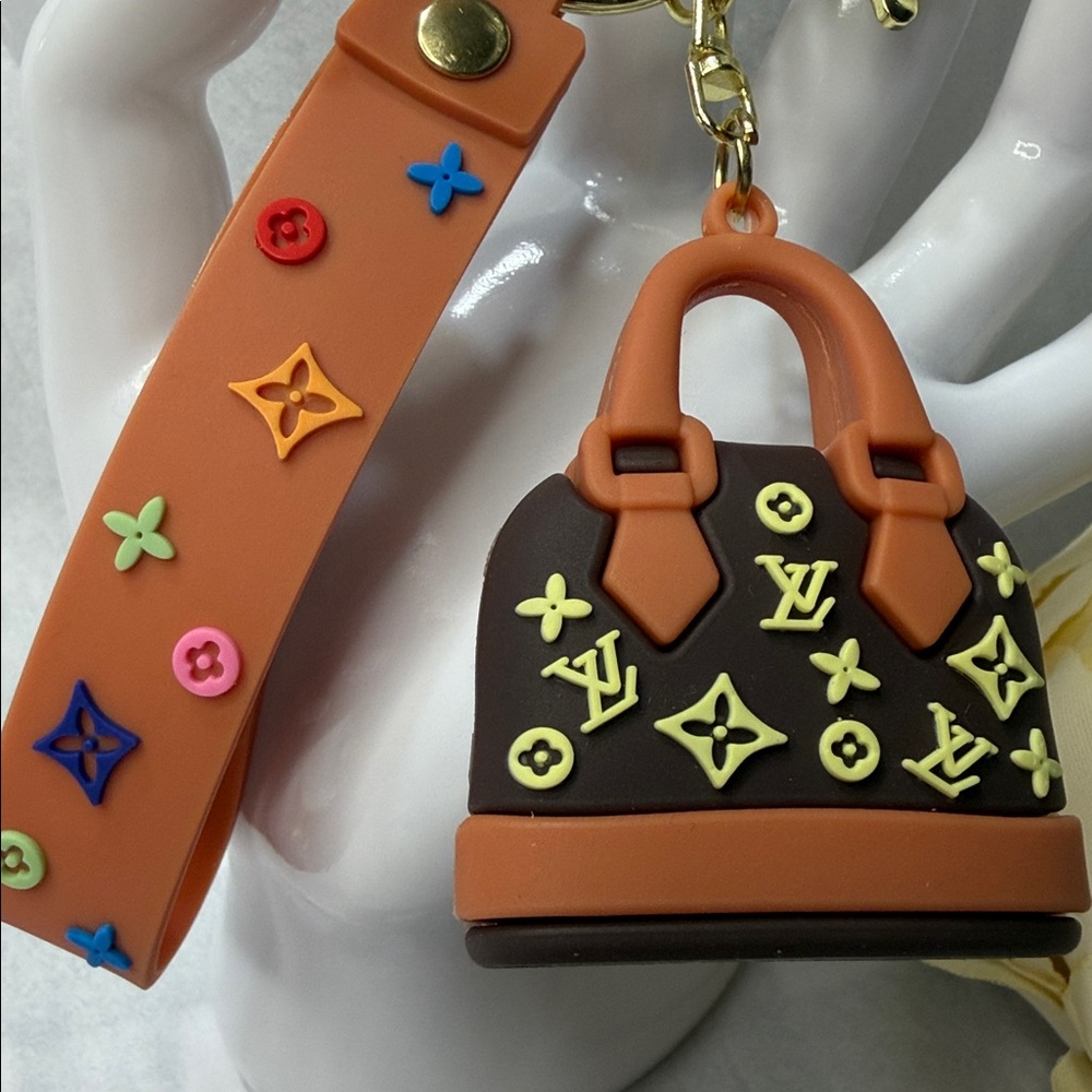 Designer Logo Dome Handbag Keychain - Brown & Orange - Picture 2 of 3